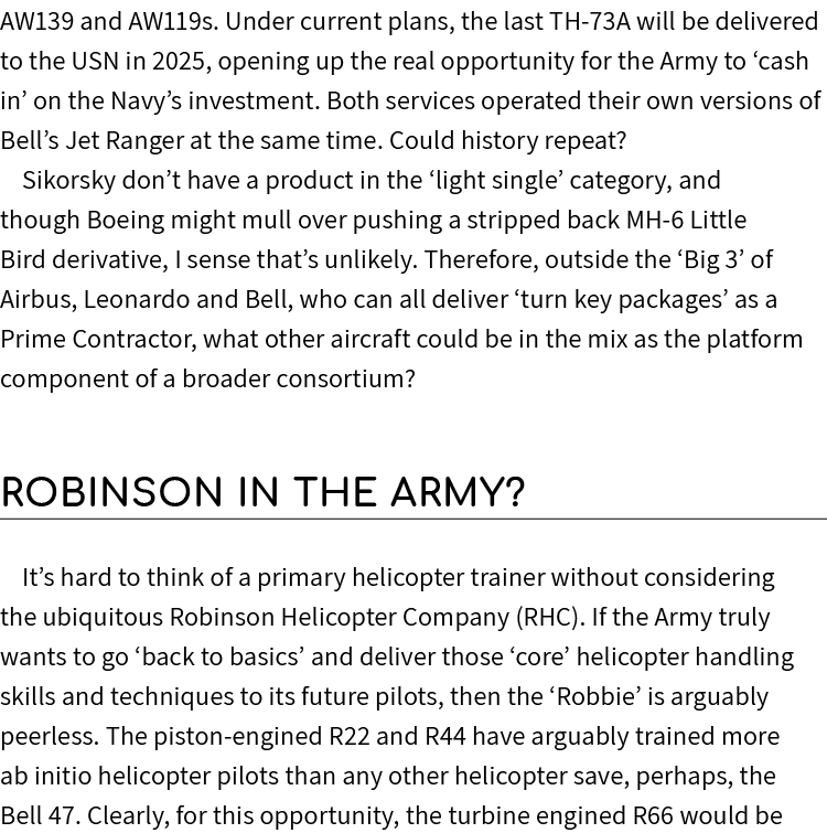 AW139 and AW119s. Under current plans, the last TH 73A will be delivered to the USN in 2025, opening up the real oppo...
