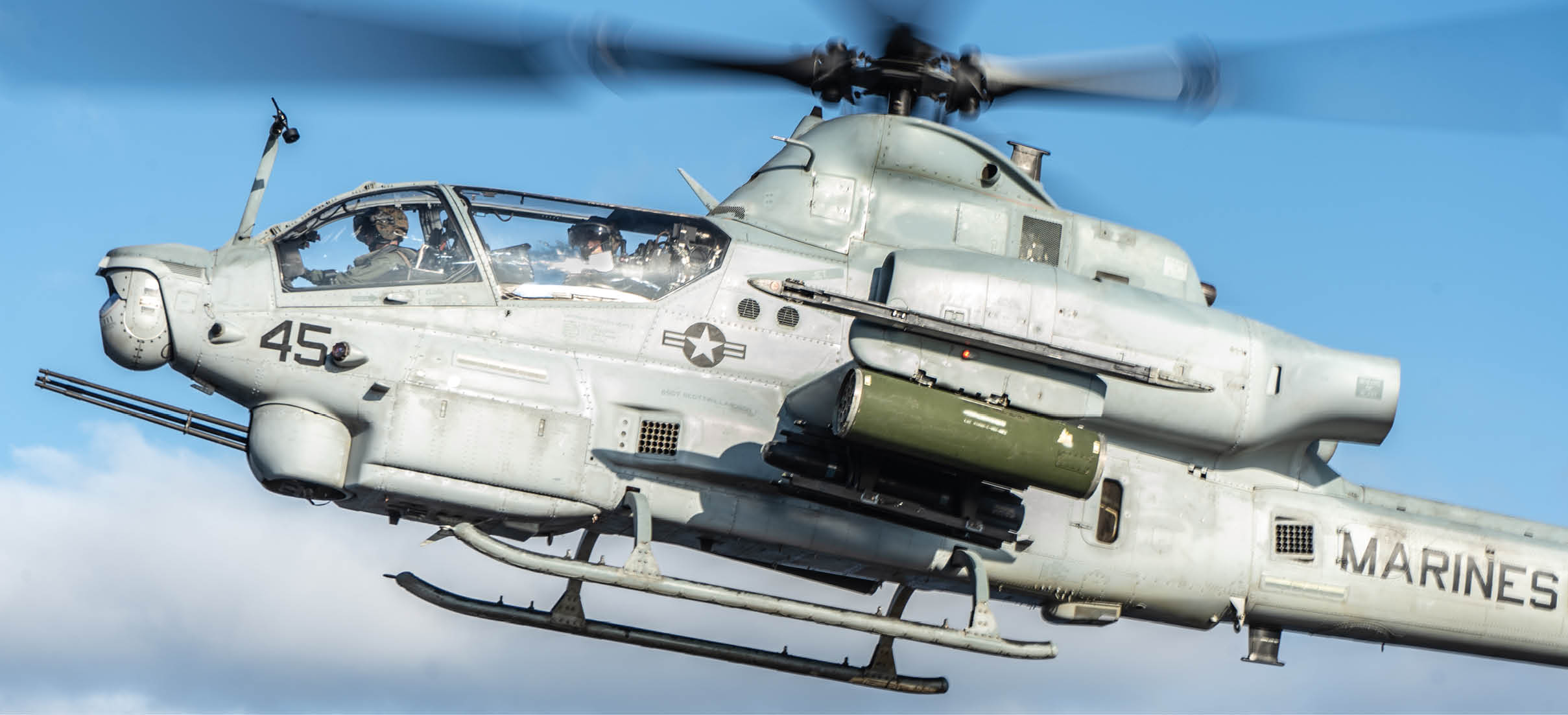 201009-M-QM580-1027 PACIFIC OCEAN (Oct. 9, 2020) – U.S. Marines with Marine Medium Tiltrotor Squadron 164 (Reinforced), 15th Marine Expeditionary Unit, take off in an AH-1Z Viper from the flight deck of the amphibious transport dock ship USS Somerset (LPD 25). The Makin Island Amphibious Ready Group and the 15th MEU are currently conducting routine operations in the eastern Pacific Ocean. (U.S. Marine Corps photo by Staff Sgt. Kassie McDole)