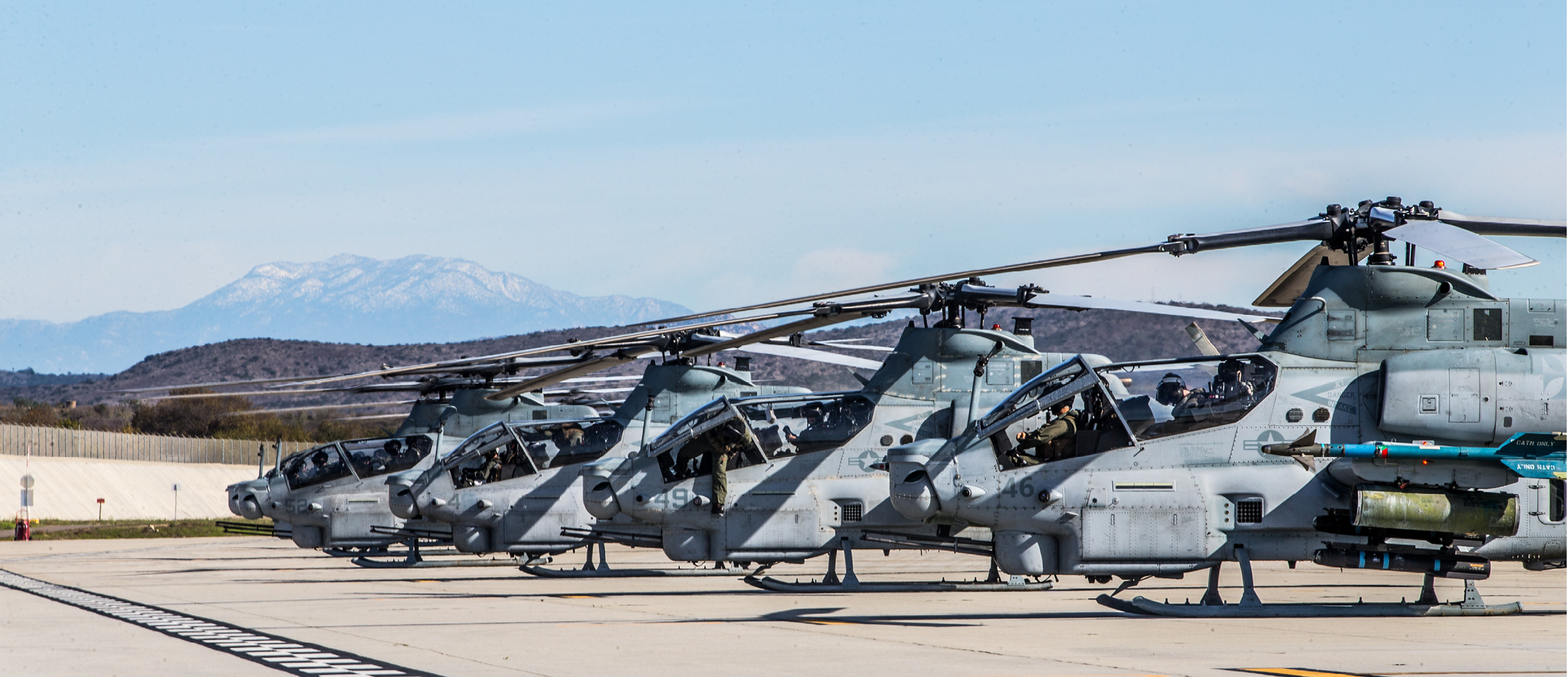 U.S. Marine AH-1Z Vipers prepare for exercise Viper Storm at Marine Corps Air Station Camp Pendleton, California, Dec. 11, 2019. The AH-1Z Viper gives 3rd Marine Aircraft Wing, I Marine Expeditionary Force and the joint force the ability to deter potential adversaries and provide combat-ready units the capability to engage from the sea and over long distances against a near-peer threat. (U.S. Marine Corps photo by Lance Cpl. Alison Dostie)