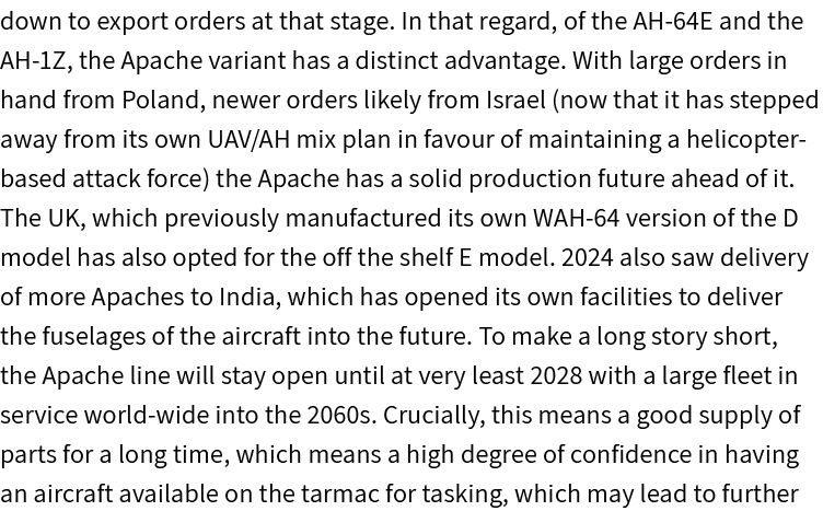 down to export orders at that stage. In that regard, of the AH 64E and the AH 1Z, the Apache variant has a distinct a...