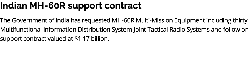 Indian MH 60R support contract The Government of India has requested MH 60R Multi Mission Equipment including thirty ...