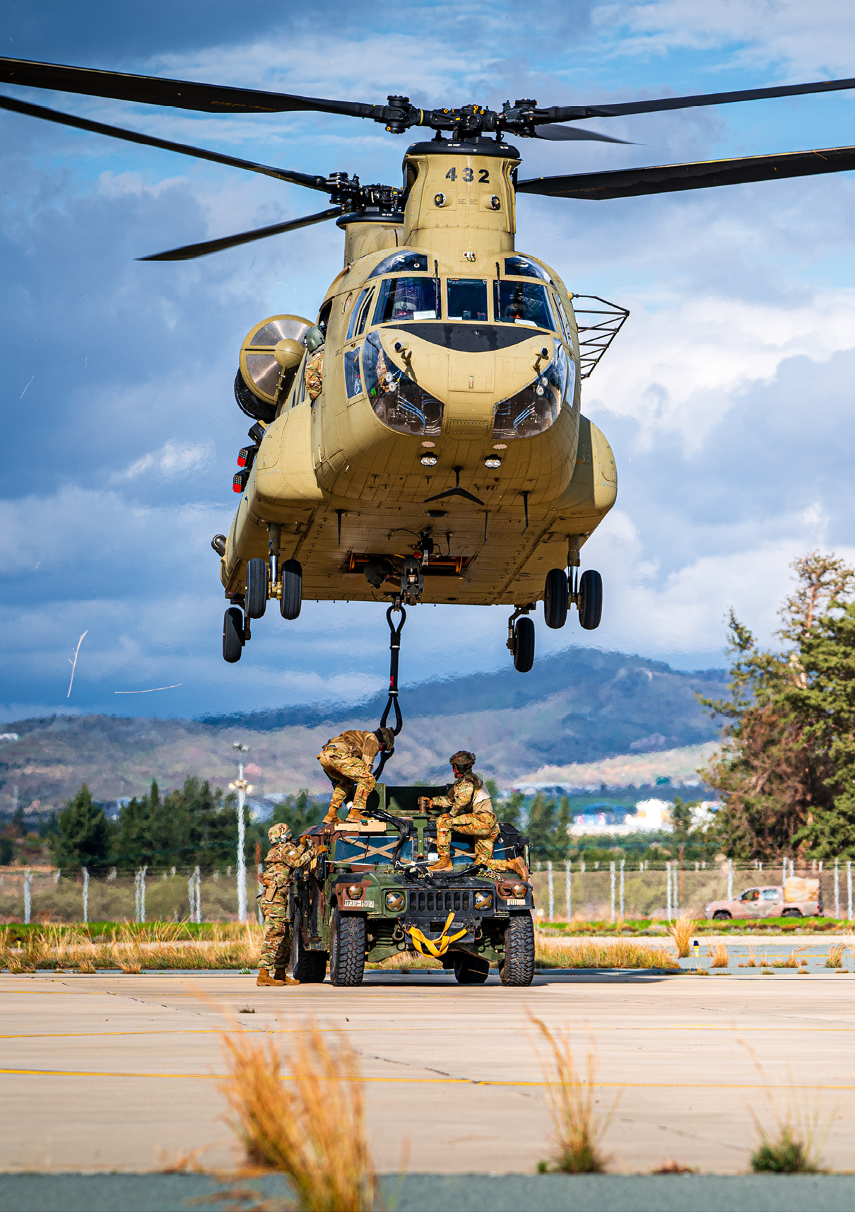 Soldiers of the 173rd Airborne Brigade hook an up-armored HMMWV to a CH-47 Chinook from B Co, 1-214th General Support Aviation Battalion “Big Windy" during sling load training on the island of Cyprus on Jan. 12, 2020.