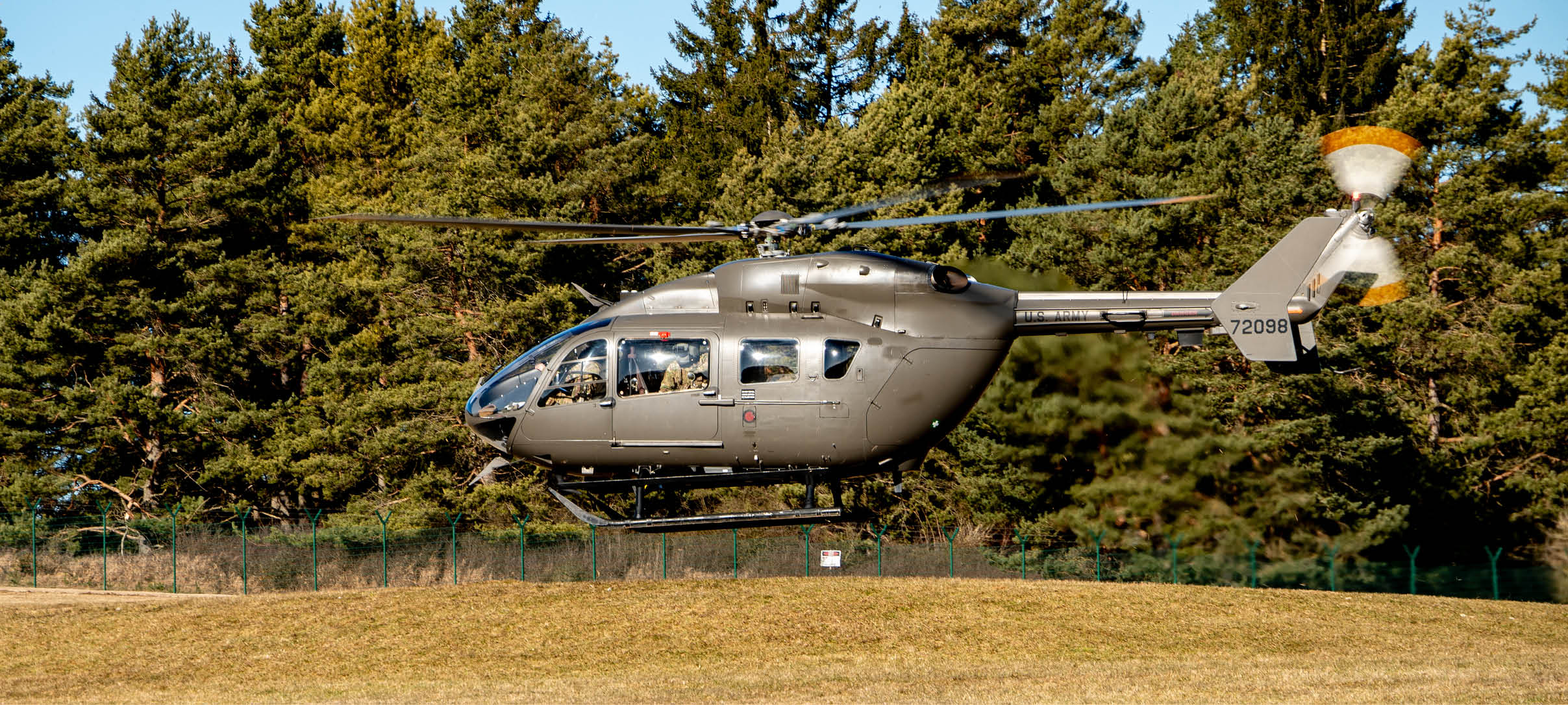 A UH-72A Lakota Light Utility Helicopter lands during Exercise Combined Resolve 25-1 at the Joint Multinational Readiness Center on Hohenfels Training Area, Germany, Feb. 1, 2025. Combined Resolve is a U.S.-led, NATO and partner-integrated exercise in the European theater focused on combined arms interoperability. (U.S. Army photo by Sgt. Jacob Nunnenkamp)