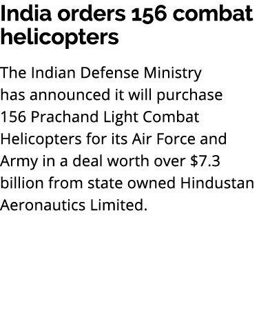 India orders 156 combat helicopters The Indian Defense Ministry has announced it will purchase 156 Prachand Light Com...