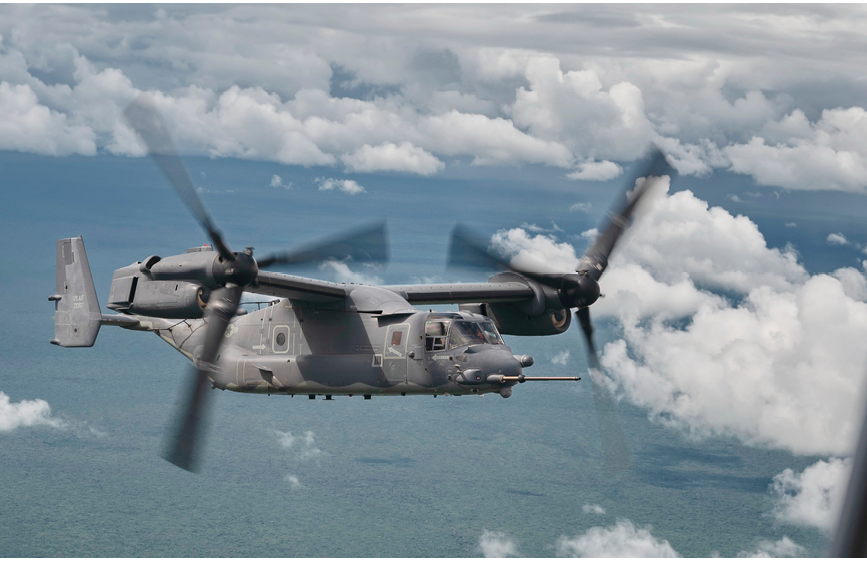 A U.S. Air Force CV-22B Osprey tiltrotor aircraft, assigned to the 81st Expeditionary Rescue Squadron, conducts tactical air refueling from a U.S. Marine Corps KC-130J Hercules over Eastern Africa, 1 Nov., 2023. The 81st ERQS is a rapidly deployable combat search and rescue force that can conduct transport of personnel and equipment during day or night operations in support of combat personnel recovery within Combined Joint Task Force – Horn of Africa area of responsibility. (U.S. Air Force photo by Staff Sgt. Edward Coddington)