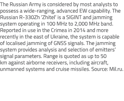 The Russian Army is considered by most analysts to possess a wide ranging, advanced EW capability. The Russian R 330Z...
