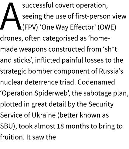 A successful covert operation, seeing the use of first person view (FPV) ‘One Way Effector’ (OWE) drones, often categ...