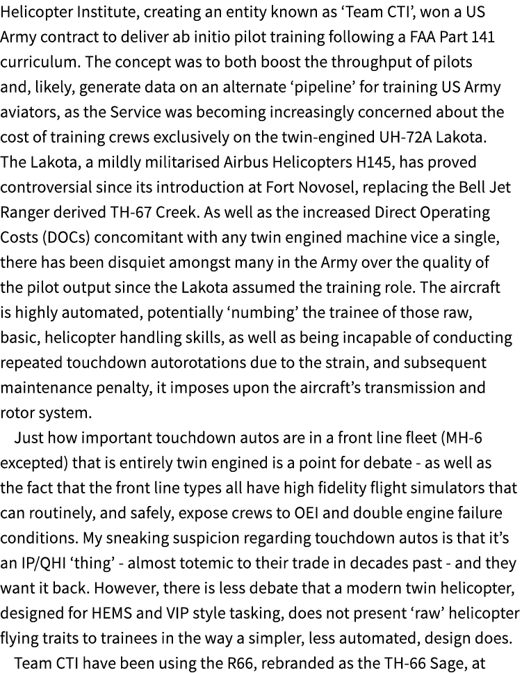 Helicopter Institute, creating an entity known as ‘Team CTI’, won a US Army contract to deliver ab initio pilot train...