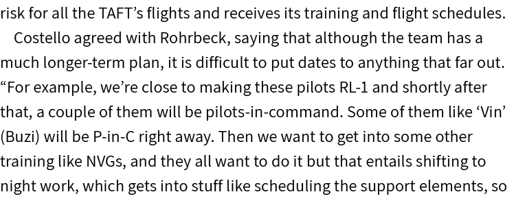 risk for all the TAFT’s flights and receives its training and flight schedules. Costello agreed with Rohrbeck, saying...