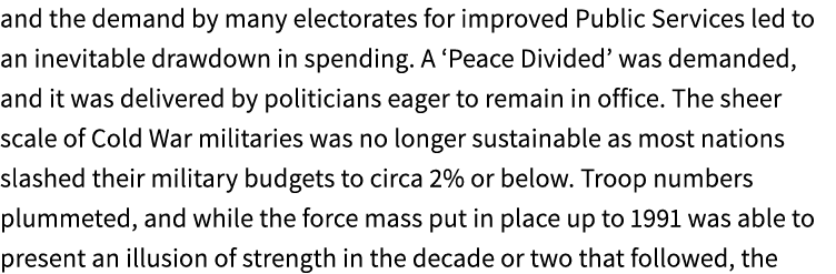 and the demand by many electorates for improved Public Services led to an inevitable drawdown in spending. A ‘Peace D...
