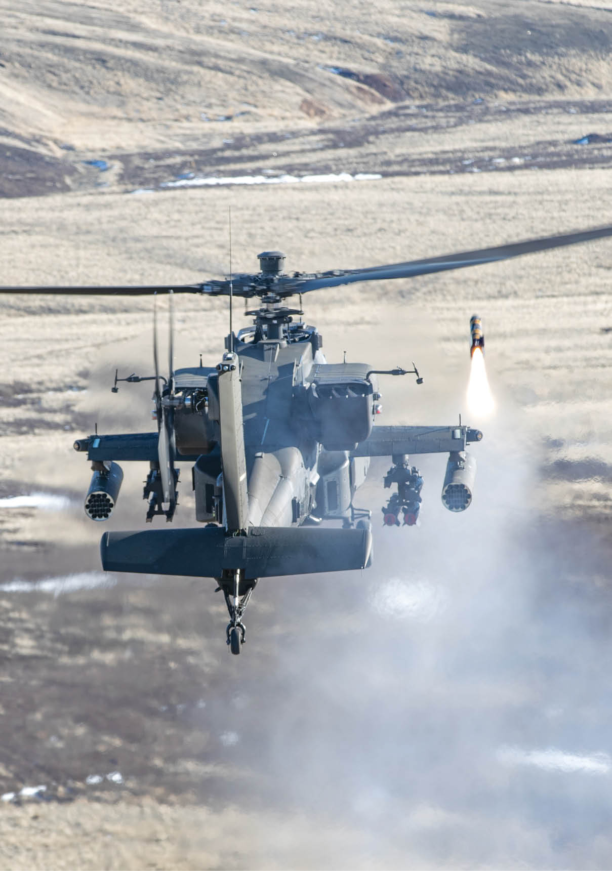 Troopers assigned to 4-6 Air Cavalry Squadron, 16th Combat Aviation Brigade fire an AGM-114 Hellfire missile from their AH-64E Apache helicopter at Yakima Training Center, Wash. on Jan. 24, 2023.   U.S. Army photo by Capt. Kyle Abraham, 16th Combat Aviation Brigade