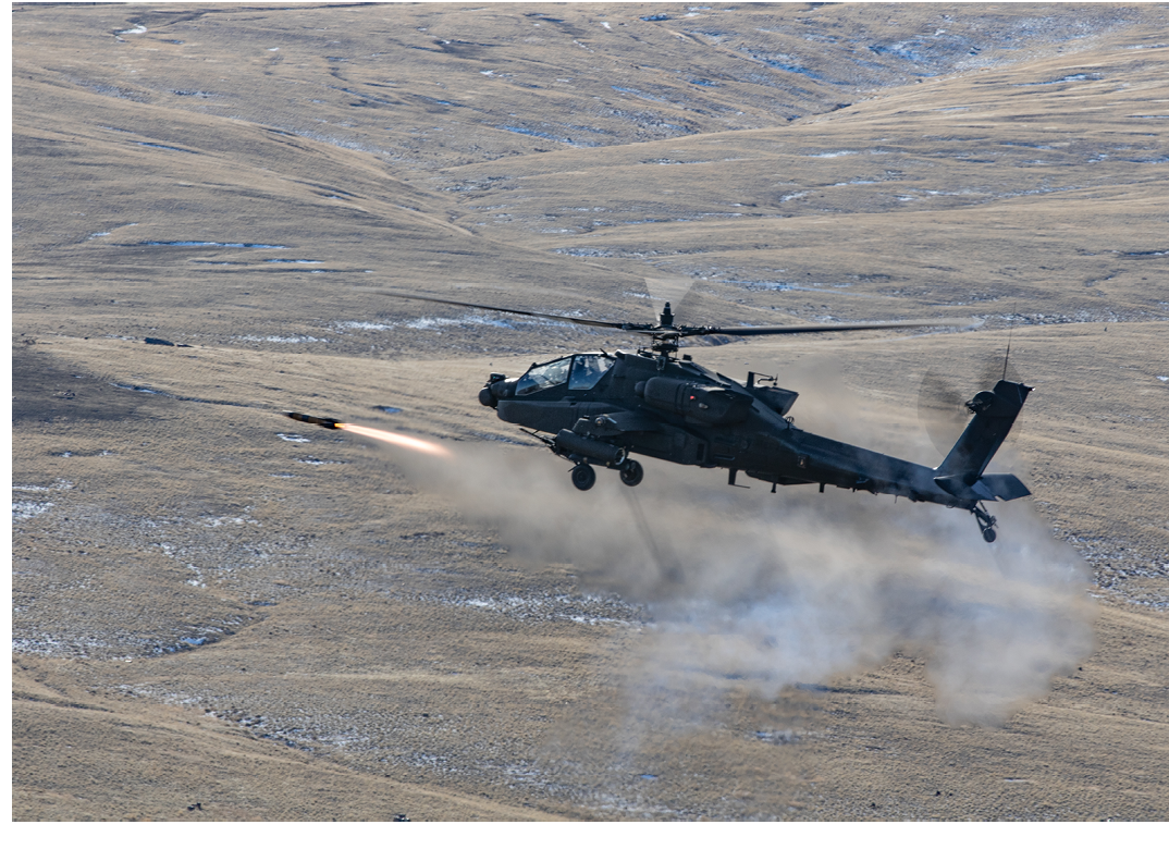 Soldiers assigned to 1-229 Attack Battalion, 16th Combat Aviation Brigade fire an AGM-114 Hellfire missile from their AH-64E Apache helicopter at Yakima Training Center, Wash. on Jan. 24, 2023.   U.S. Army photo by Capt. Kyle Abraham, 16th Combat Aviation Brigade