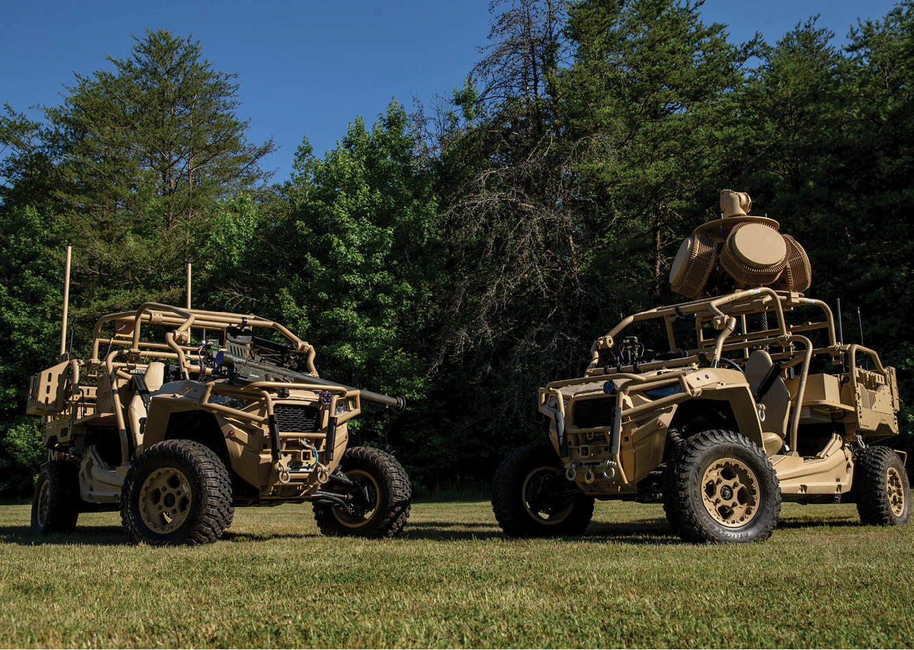 The Light-Marine Air Defense Integrated System (L-MADIS), deployed by the Low Altitude Air Defense Battalions, conducts a scheduled demonstration on Marine Corps Base Quantico, Virginia, June 30, 2021. The L-MADIS provides both kinetic and non-kinetic defeat capabilities to destroy or negate aerial threats in support of the Marine Air-Ground Task Force. L-MADIS will deploy in support of Marine Expeditionary Units and integrated onto a pair of utility task vehicles. (U.S. Marine Corps photo by Lance Cpl. Jessica A. Foraker)