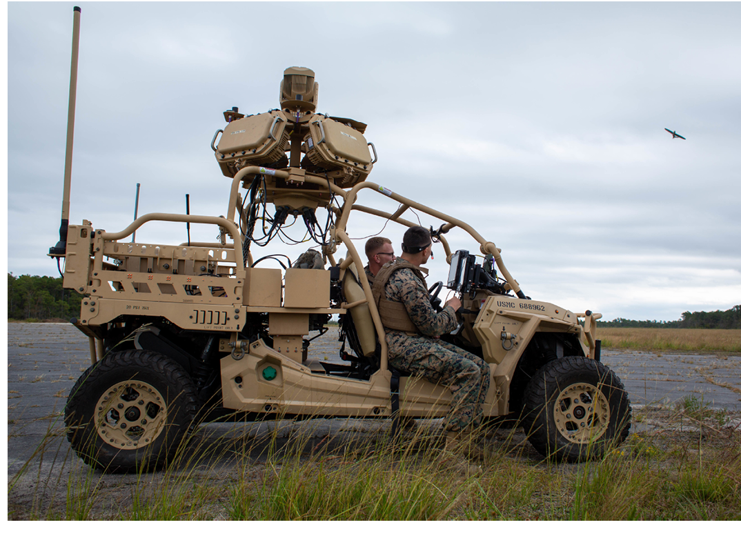 U.S. Marine Corps Lance Cpl. Kevin Holdaway (left) and Cpl. Seth Silveira, low-altitude air-defense gunners with 2nd Low Altitude Air Defense Battalion (LAAD), send an electronic signal to jam a drone with the Light Marine Air Defense Integrated System, or L-MADIS, at Marine Corps Outlying Landing Field Atlantic, North Carolina, Oct. 18, 2022. The L-MADIS is an electronic-attack system that counters unmanned-aircraft system by nonkinetic capabilities to destroy or negate aerial threats. 2nd LAAD is a subordinate unit of 2nd Marine Aircraft Wing, the aviation combat element of II Marine Expeditionary Force. (U.S. Marine Corps photo by Sgt. Servante R. Coba)