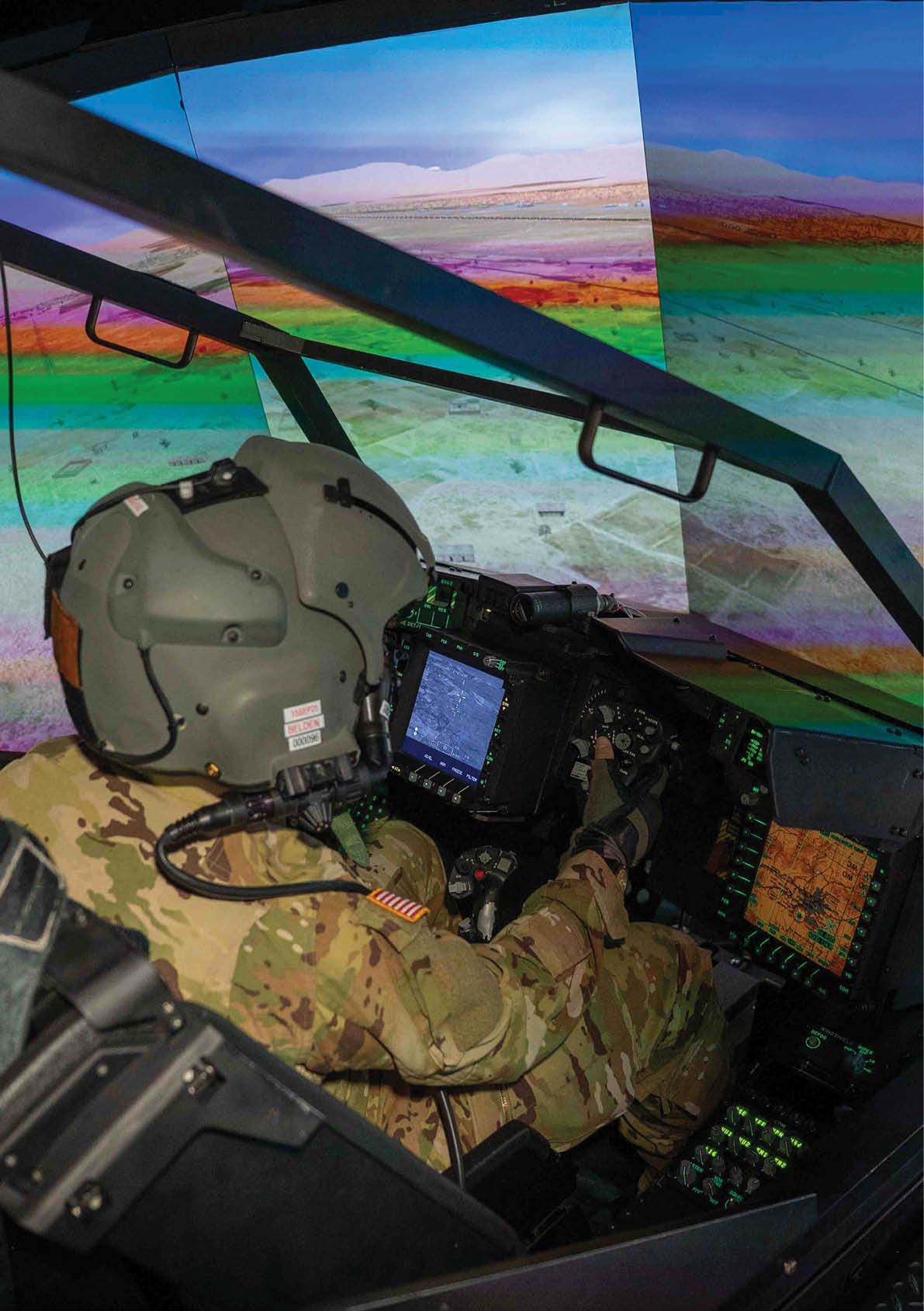 A man is sitting in a cockpit of a helicopter, wearing a helmet and a uniform. AI generated content