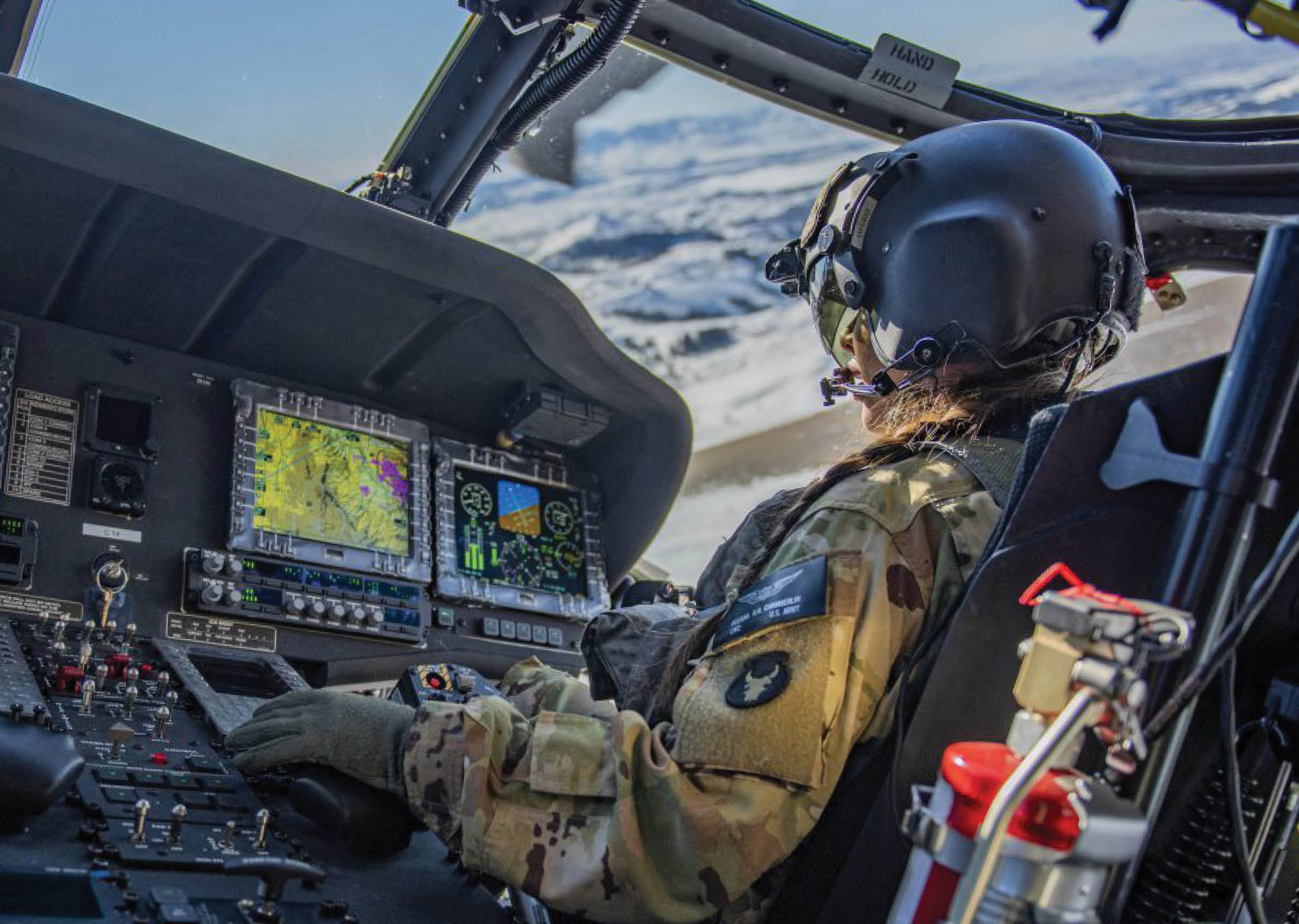 A person is sitting in a cockpit of a helicopter, wearing a helmet and holding the controls. AI generated content