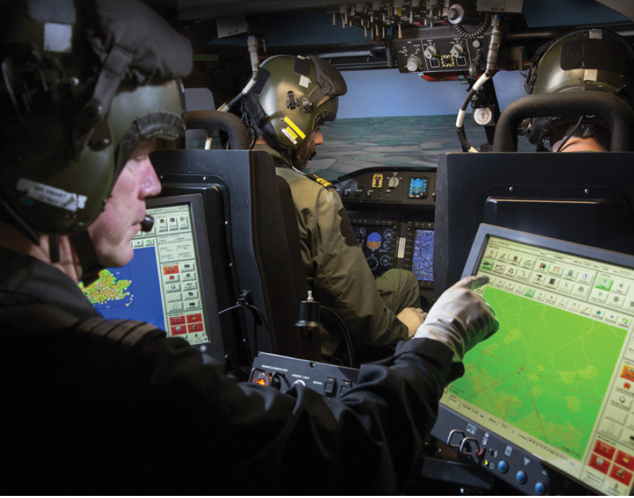 Three men in military uniforms are in a helicopter cockpit, looking at a computer screen. AI generated content