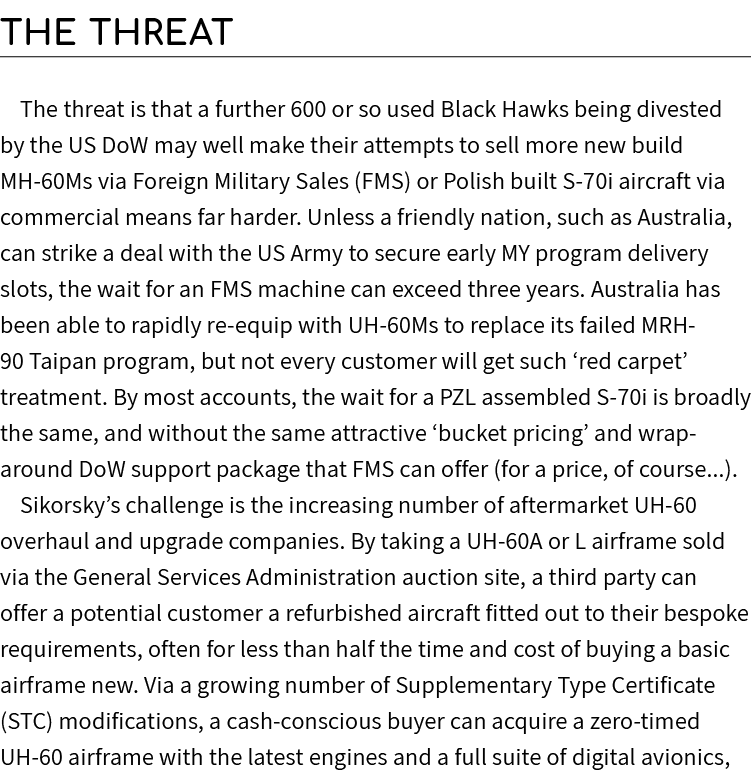 The Threat The threat is that a further 600 or so used Black Hawks being divested by the US DoW may well make their a...