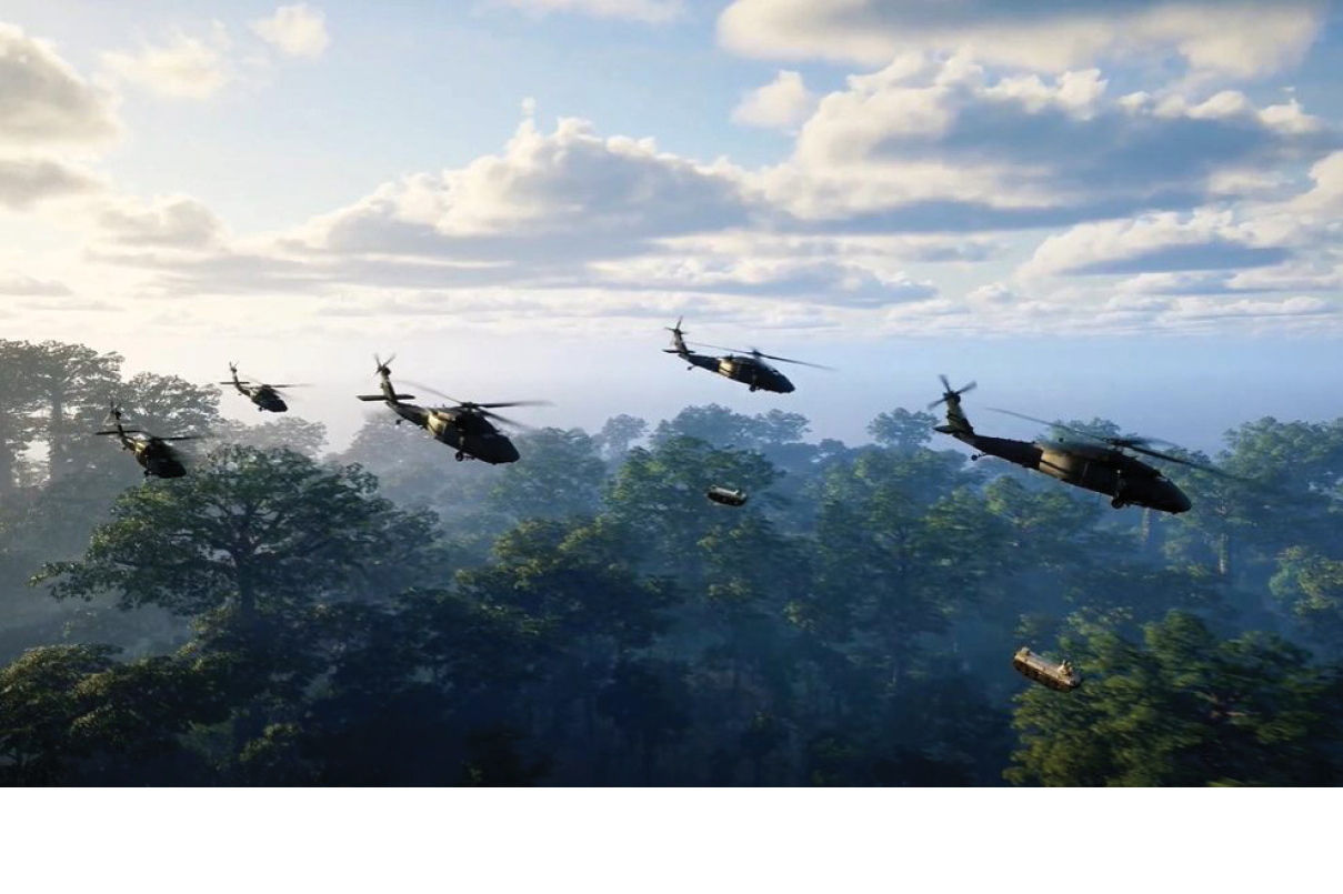 A group of helicopters flying in formation through a forest. AI generated content