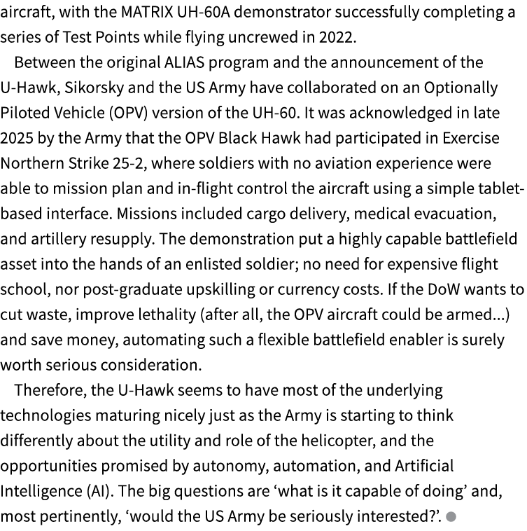 aircraft, with the MATRIX UH 60A demonstrator successfully completing a series of Test Points while flying uncrewed i...