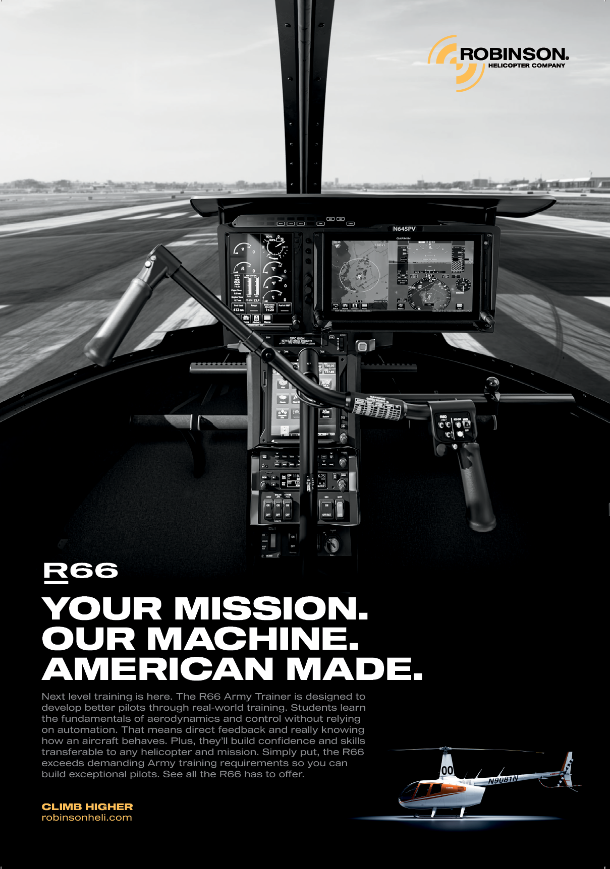 A black and white advertisement for a helicopter. AI generated content