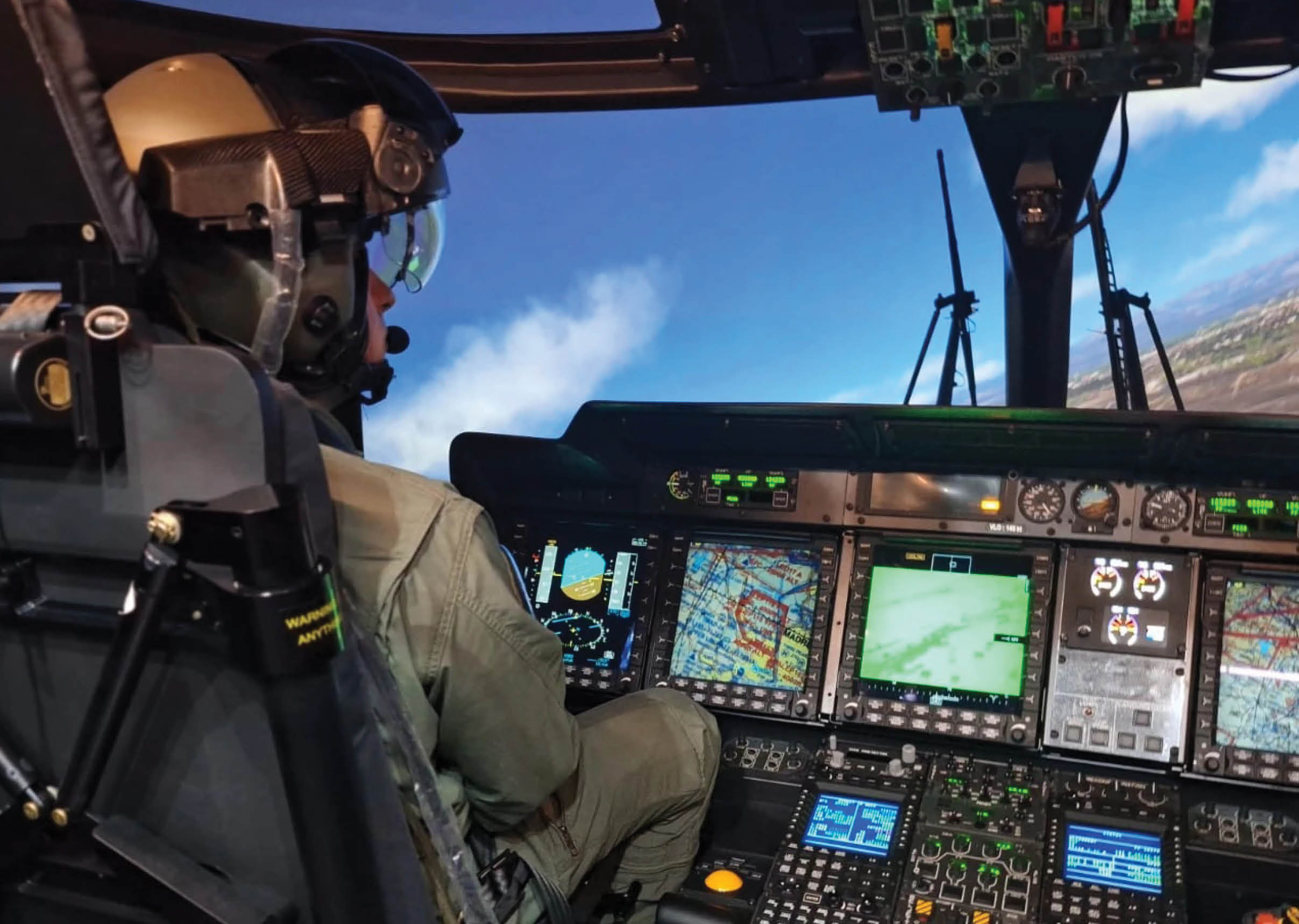 A person is sitting in a cockpit of a helicopter, flying a simulated flight. AI generated content