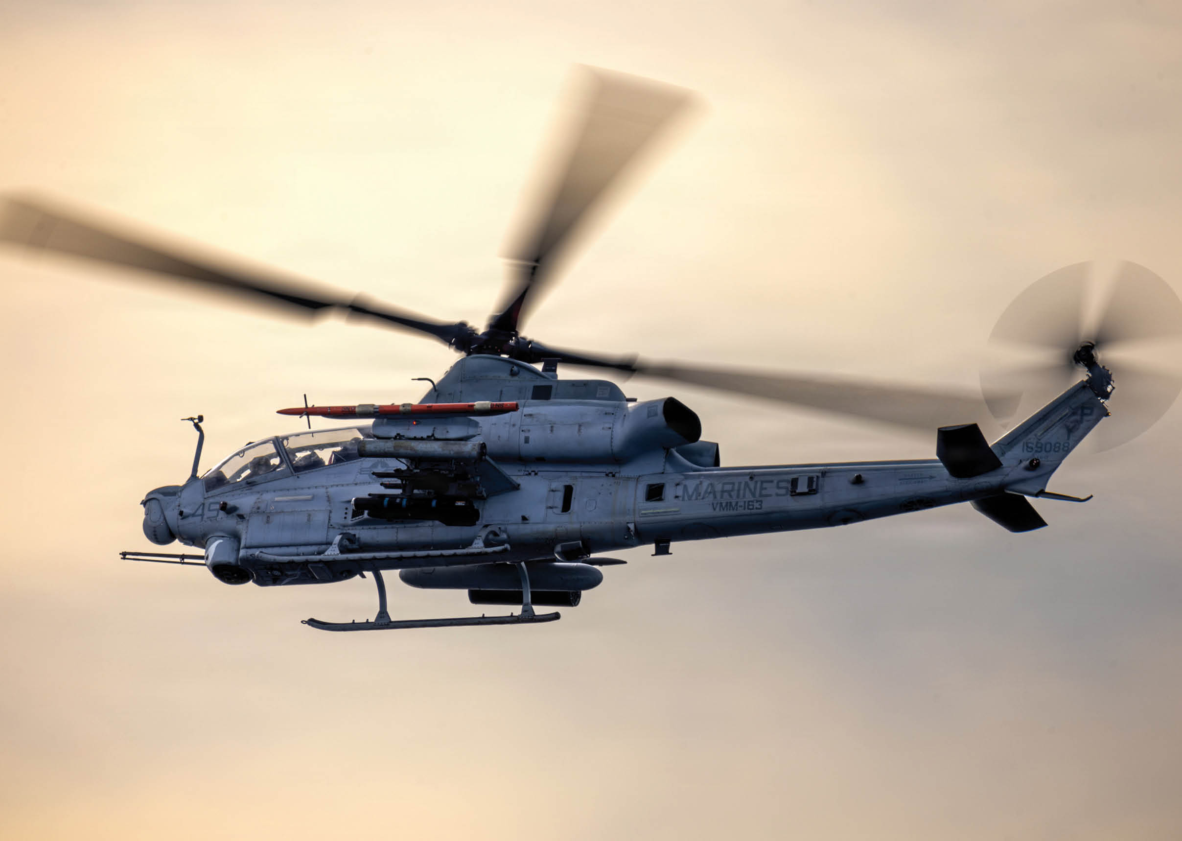 A helicopter with two large blades is flying in the sky. AI generated content