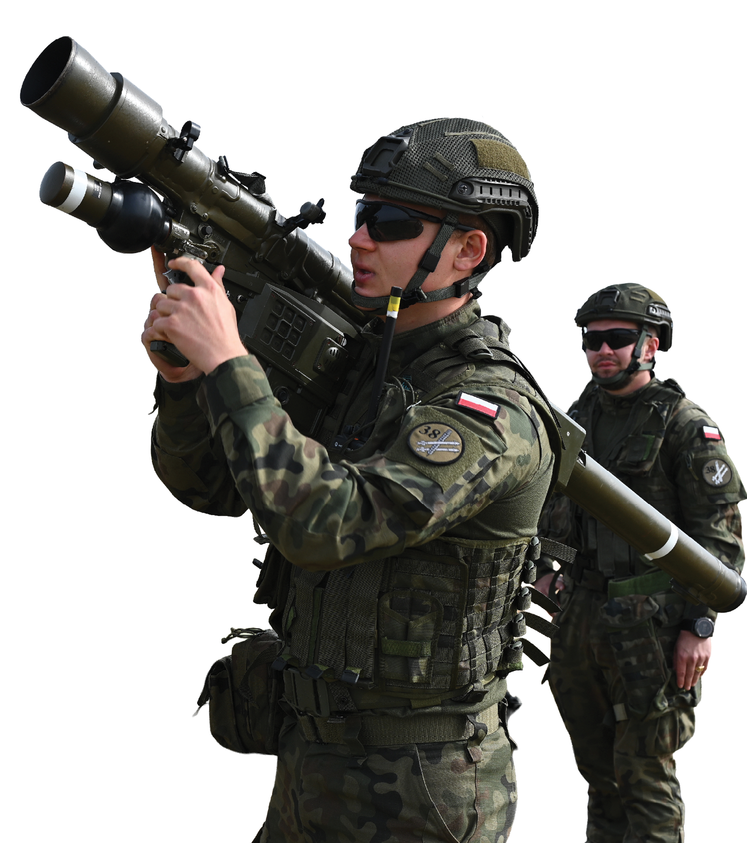 A group of soldiers in camouflage uniforms are standing in formation. One soldier is holding a rocket launcher, while the others are looking on. AI generated content