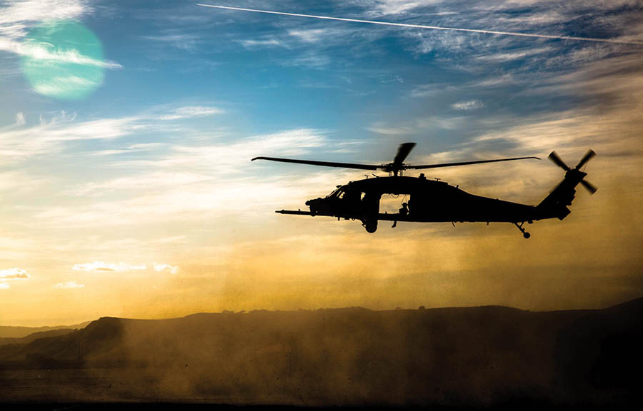 A helicopter is flying in the sky with a person inside. AI generated content