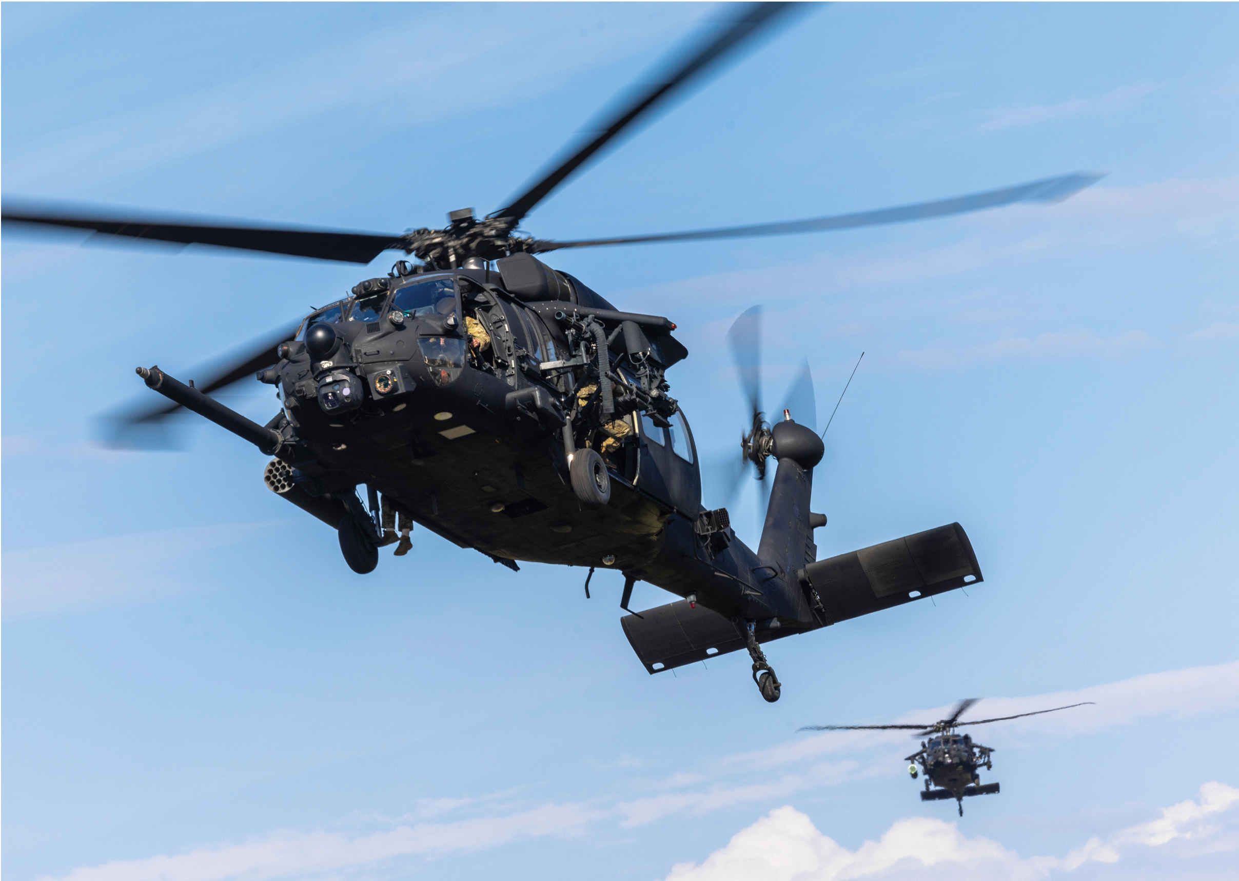 A helicopter with a large black blade is flying in the sky. AI generated content