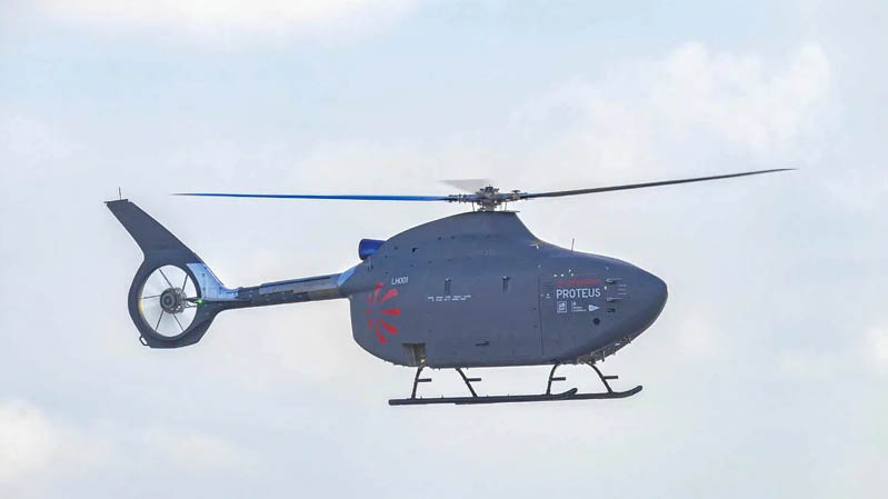 A helicopter with a blue and red tail is flying in the sky. AI generated content