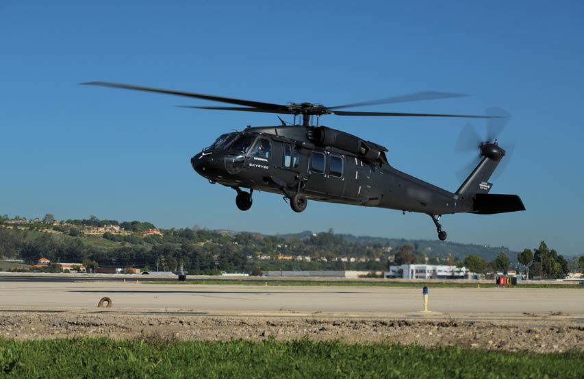 A black helicopter is flying in the air. AI generated content