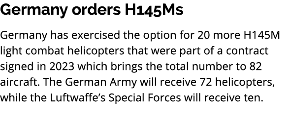 Germany orders H145Ms Germany has exercised the option for 20 more H145M light combat helicopters that were part of a...