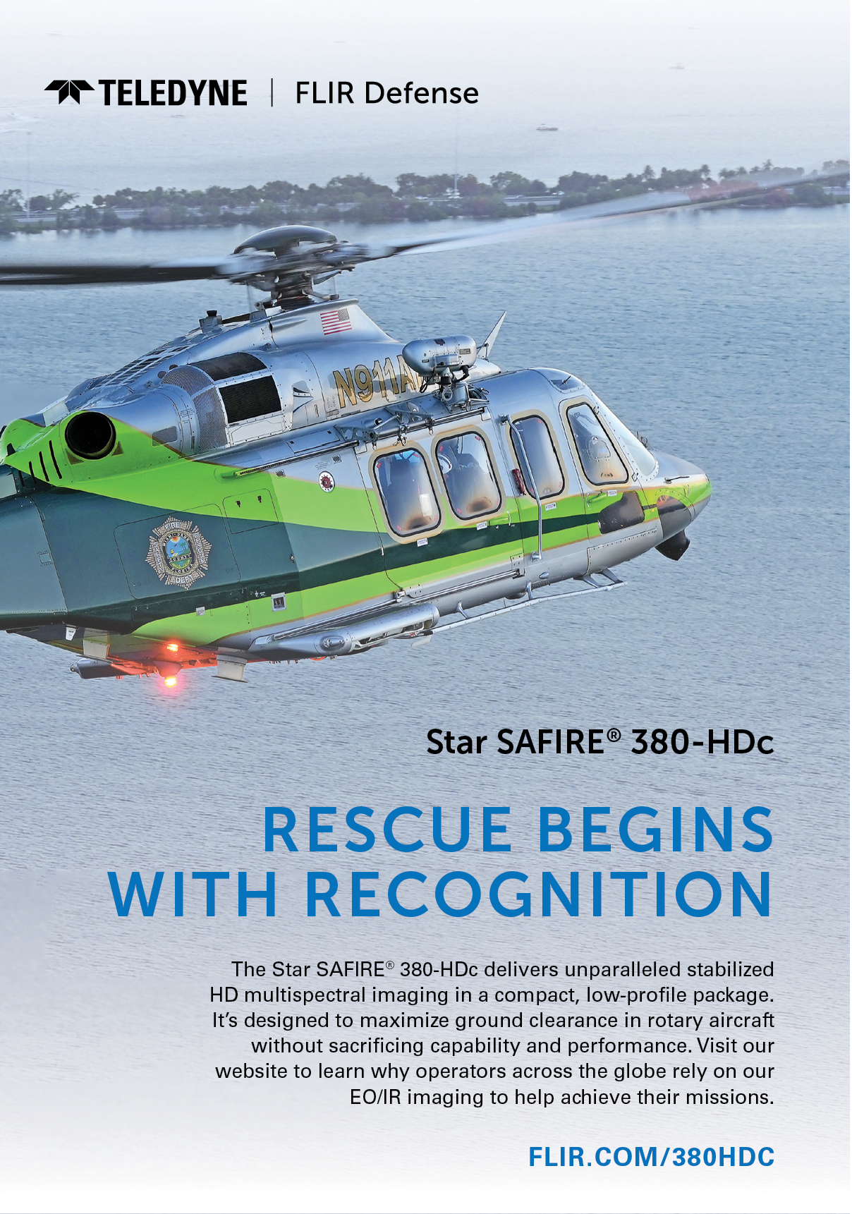 A green and silver helicopter with a red light on the front. AI generated content