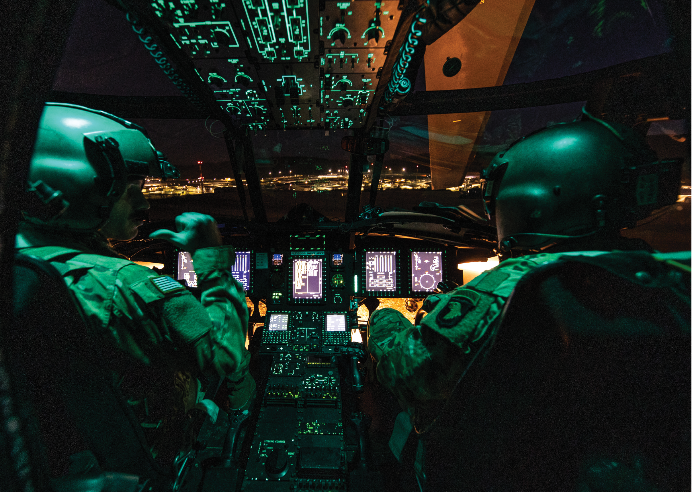 Two men are sitting in a cockpit of a helicopter. AI generated content