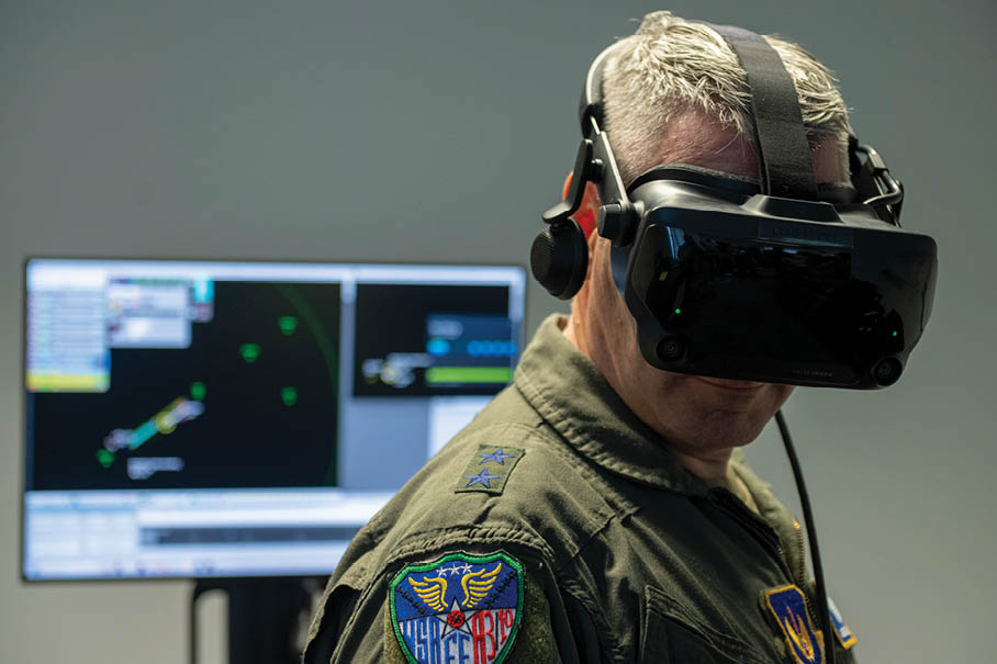 A man wearing a military uniform is using a virtual reality headset. AI generated content
