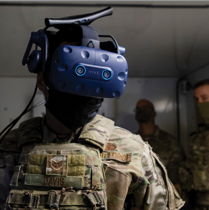 A man wearing a helmet with a camera on it is standing in a room with other men. AI generated content