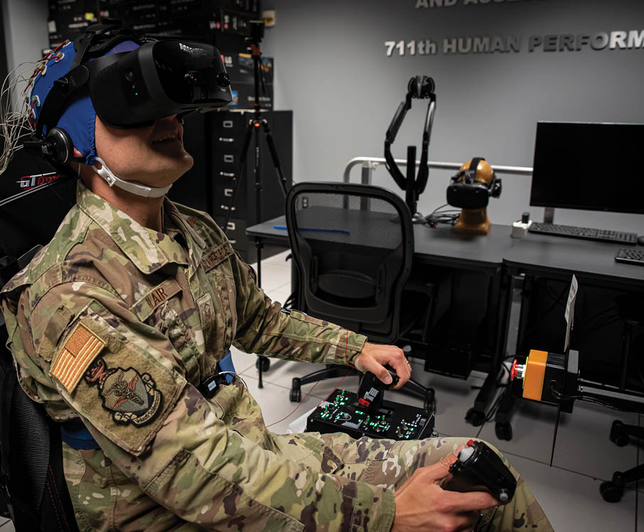 A man in a military uniform is wearing a virtual reality headset and playing a video game. AI generated content