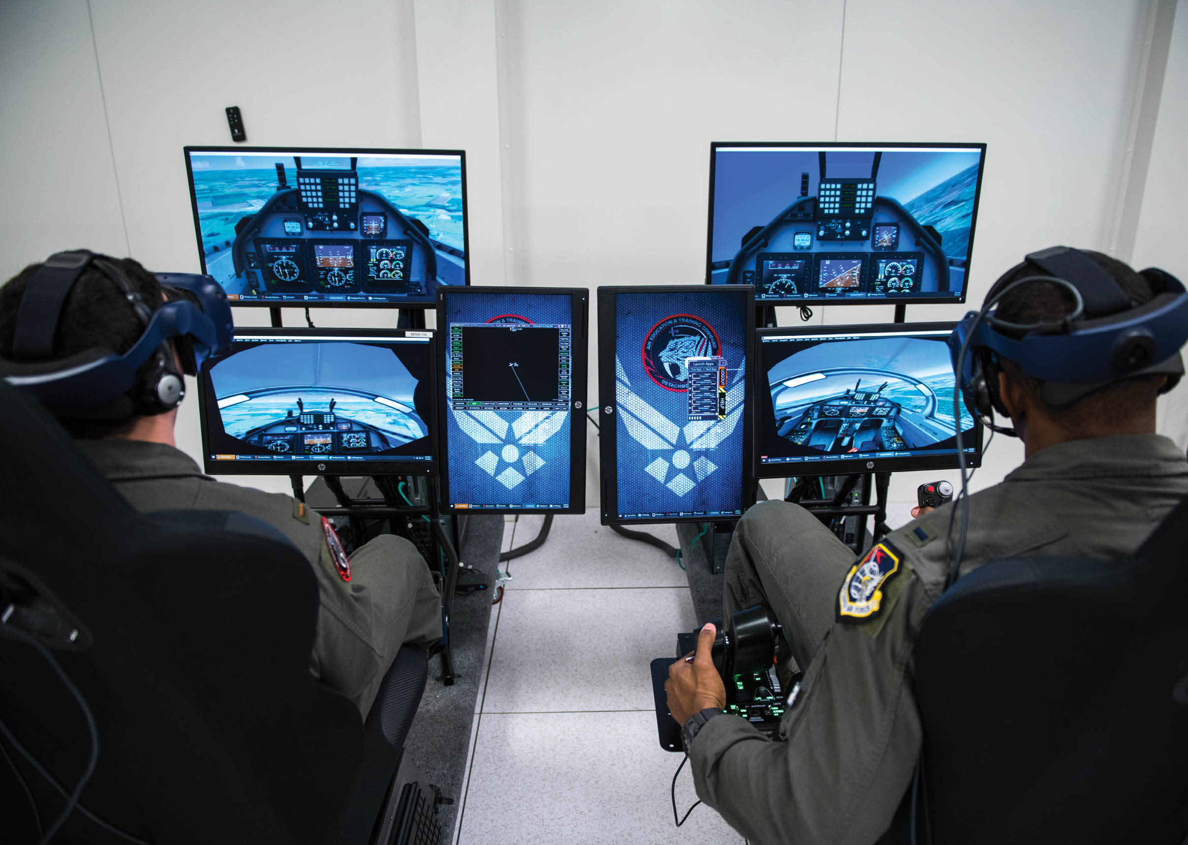 Two men are sitting in chairs, wearing virtual reality headsets and playing video games. AI generated content