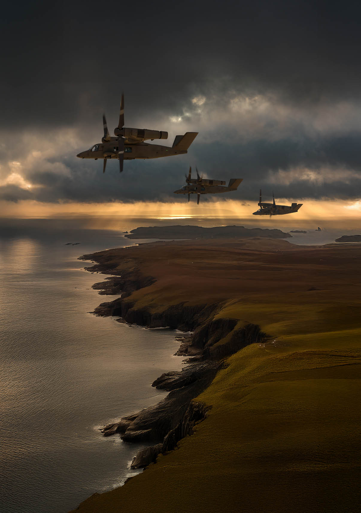 Four planes flying over a body of water. AI generated content
