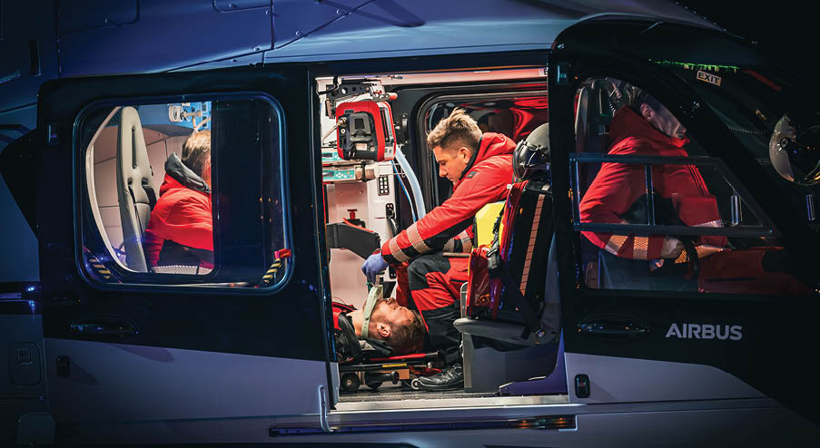 A man is being attended to by a medical professional in a helicopter. AI generated content