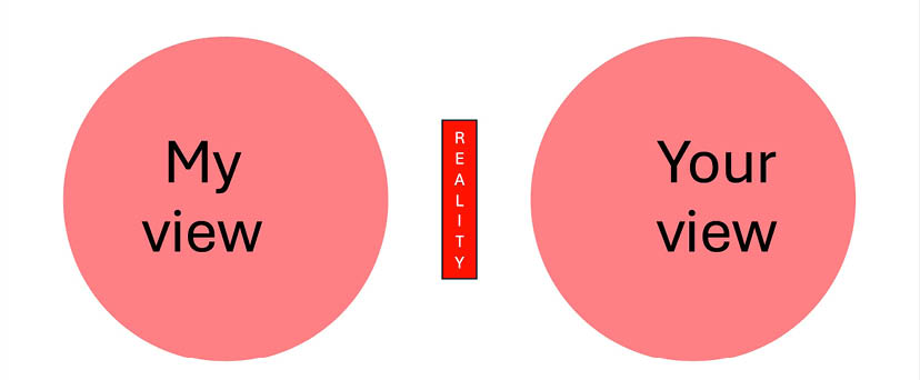 Two red arrows are pointing to the words “My View" and "Your View" on a pink background. AI generated content