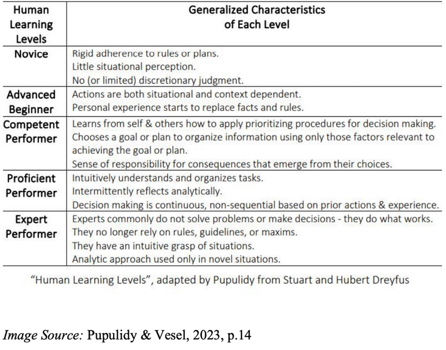 A list of general characteristics of each level of learning. AI generated content
