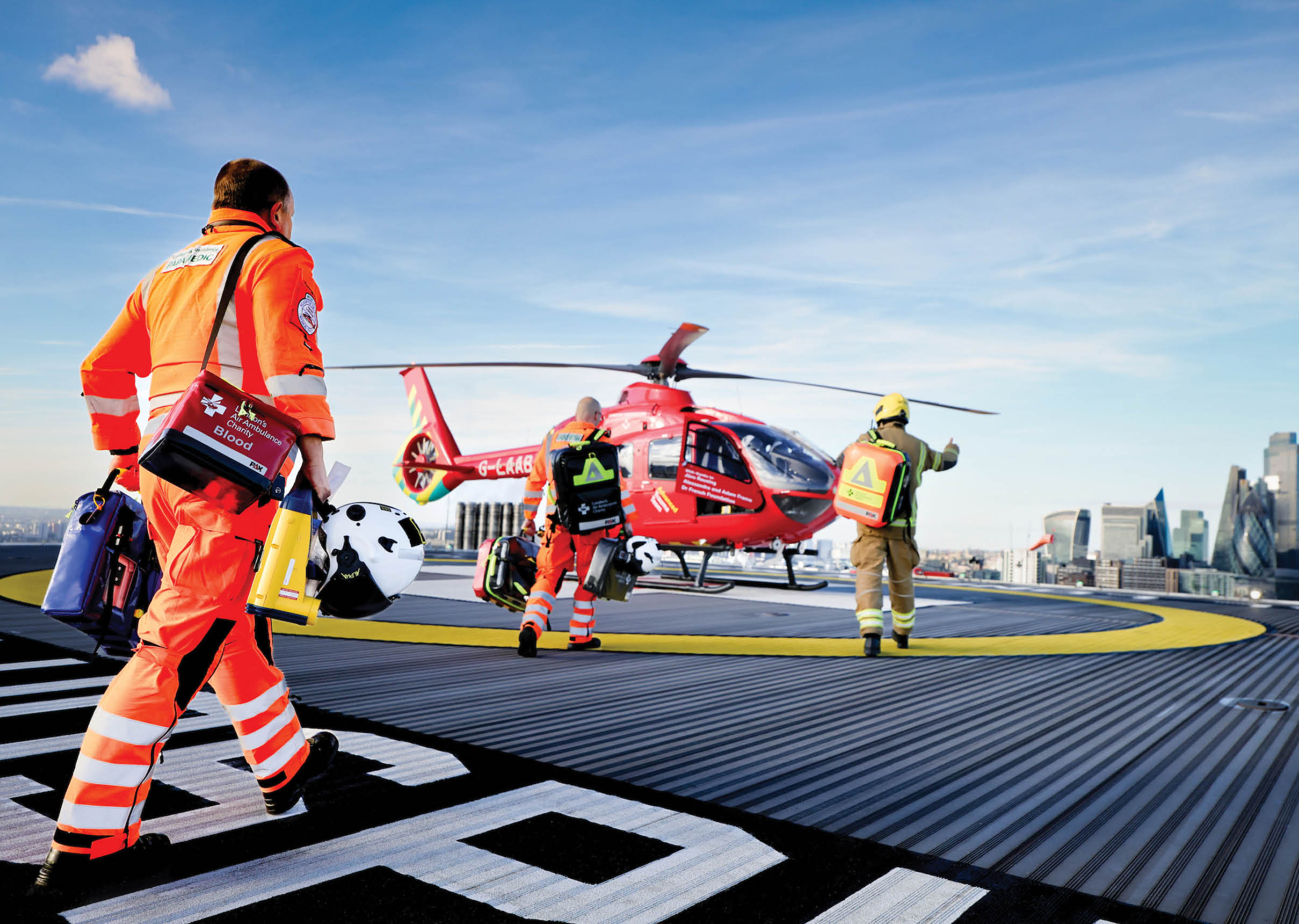 Three men are on a helicopter, preparing to land. One man is holding a bag. AI generated content