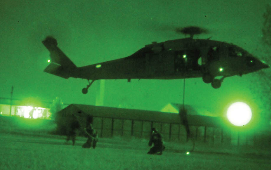 A green helicopter is flying above a group of people on the ground. AI generated content