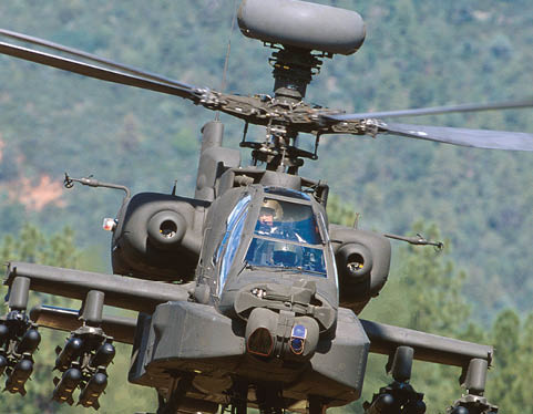 A military helicopter with a man inside is flying in the air. AI generated content