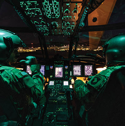 Two men are sitting in a cockpit of a helicopter. AI generated content