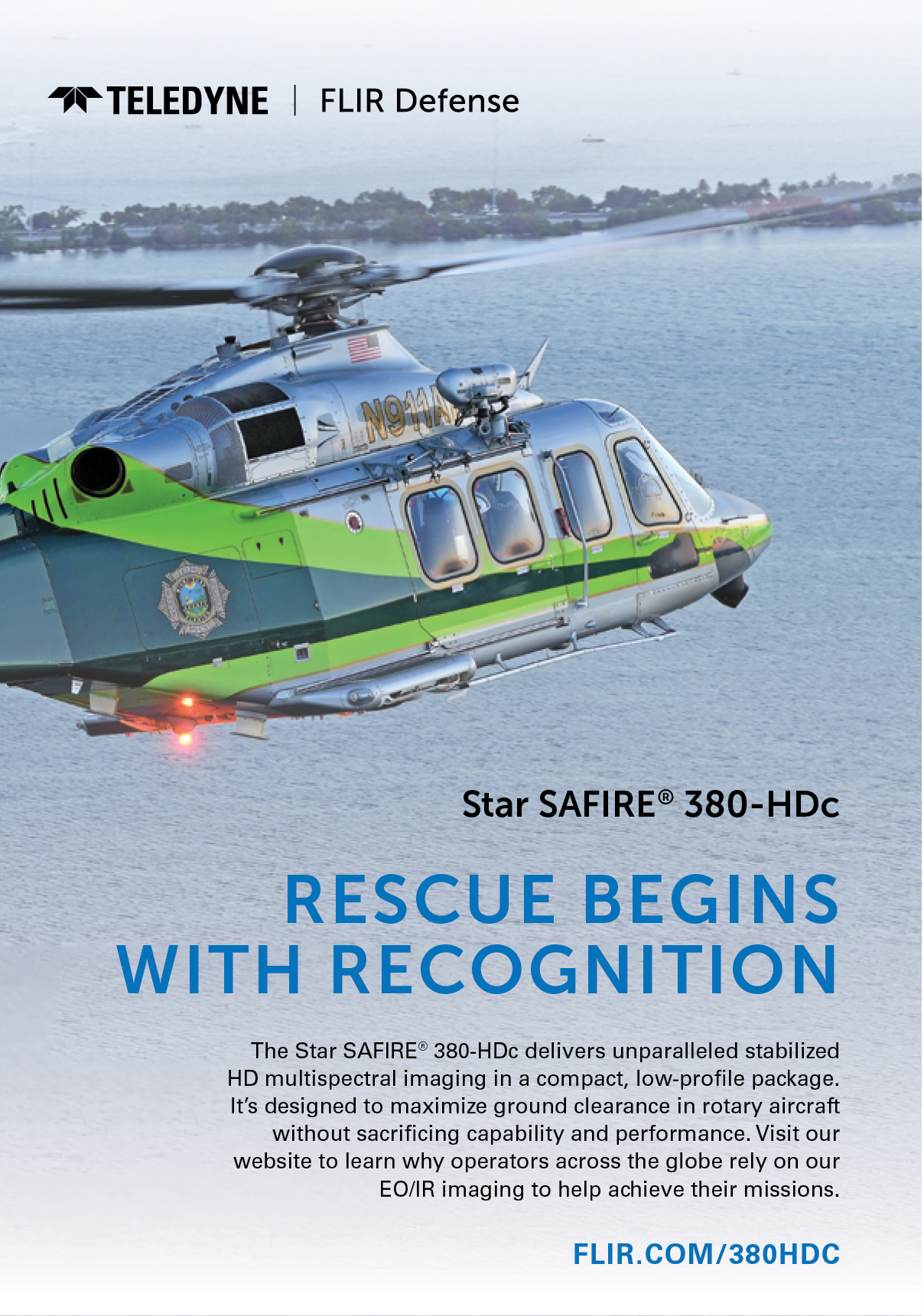 A green and silver helicopter with a red light on the front. AI generated content