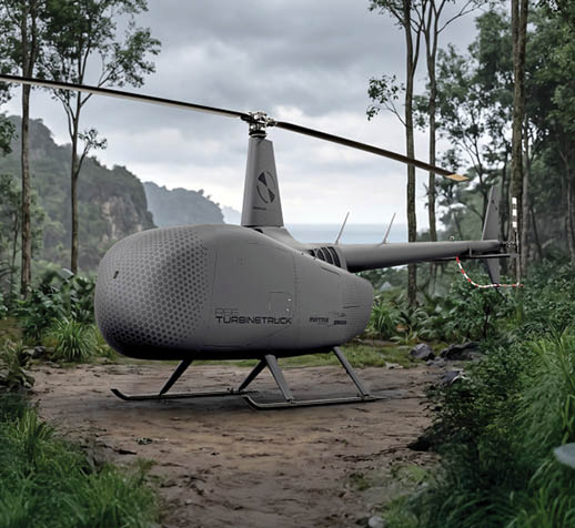 A helicopter is parked in the woods. Description generated by AI