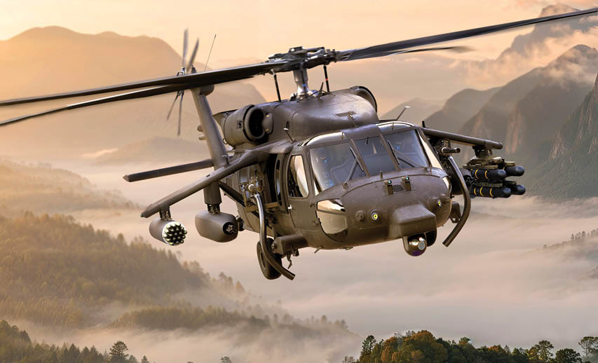 A helicopter flying in the air. Description generated by AI